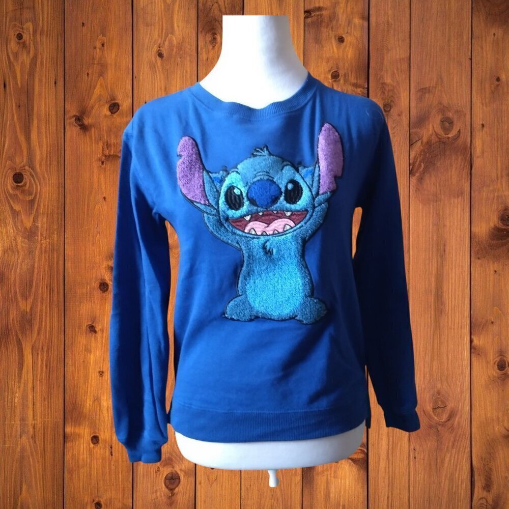 DISNEY JUNIORS XS STITCH APPLIQUE BLUE LONG SLEEVE PULLOVER SWEATSHIRT